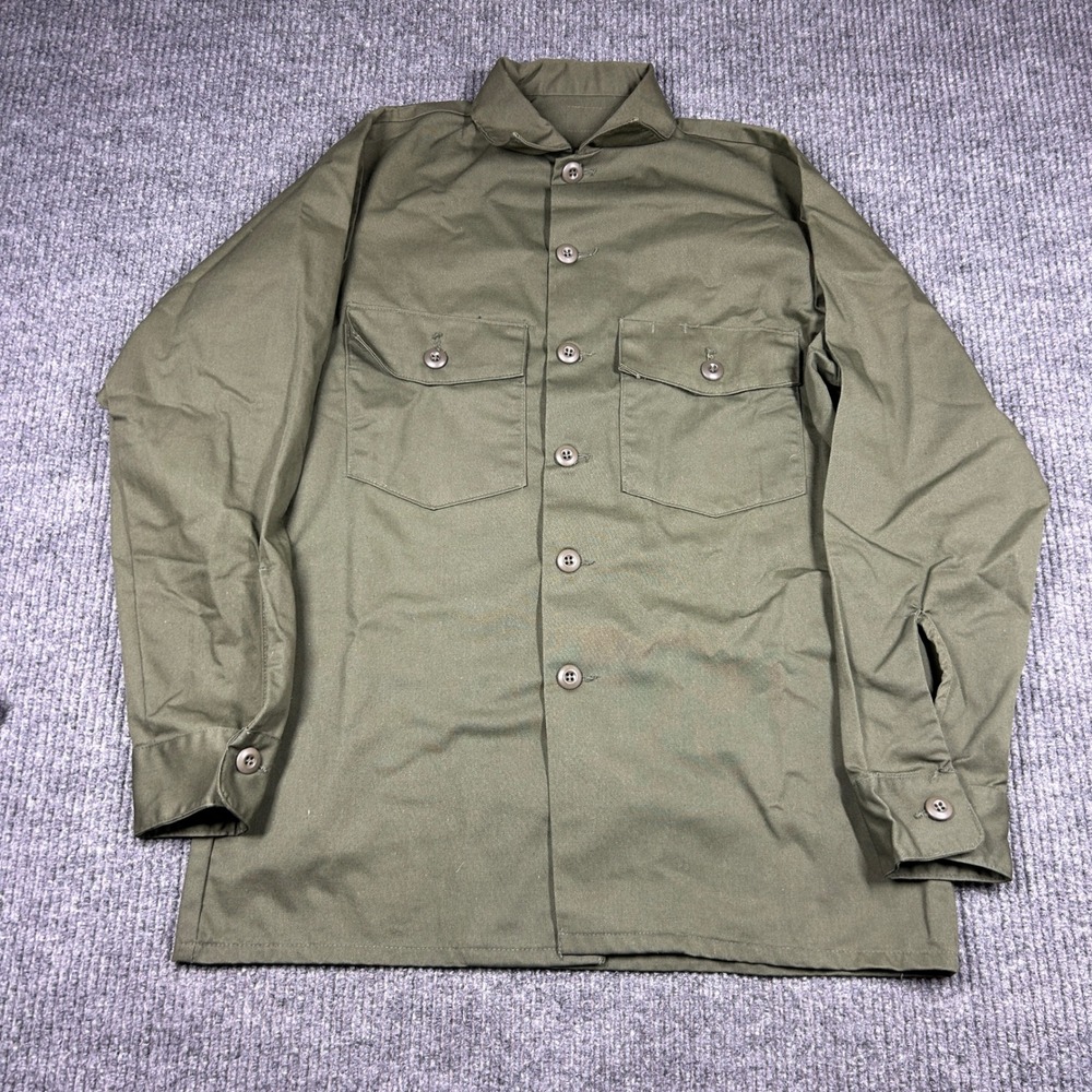Vintage US Army OG 507 Utility Shirt Durable Press Olive Green JROTC Patch 1977